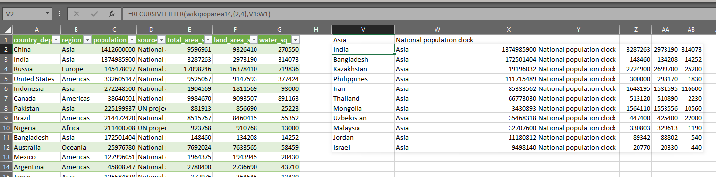 RECURSIVEFILTER using cell references as filter values