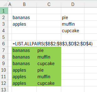 Image showing Excel spreadsheet with a demonstration of the LIST.ALLPAIRS lambda function that will calculate all pairs from two lists in Excel