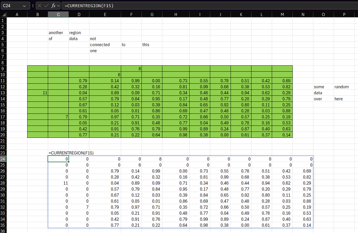 How to get the current region in Excel with a formula